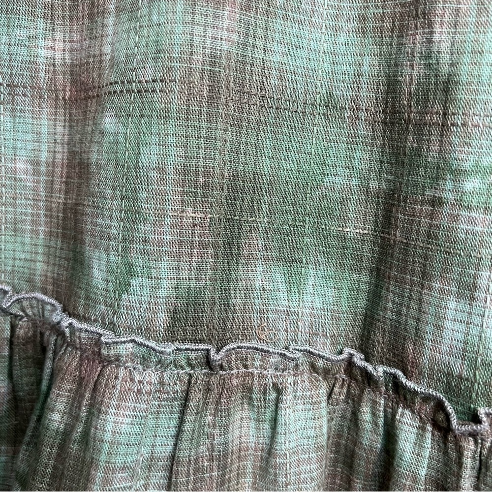 On You | Linen Tiered Tie Dye Mini Dress Babydoll Cuff Sleeve Bamboo Green Sz L - Picture 13 of 15